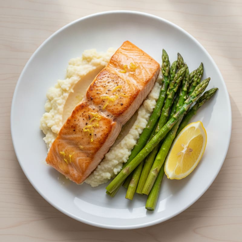 Seared Salmon with Roasted Asparagus and Cauliflower Mash