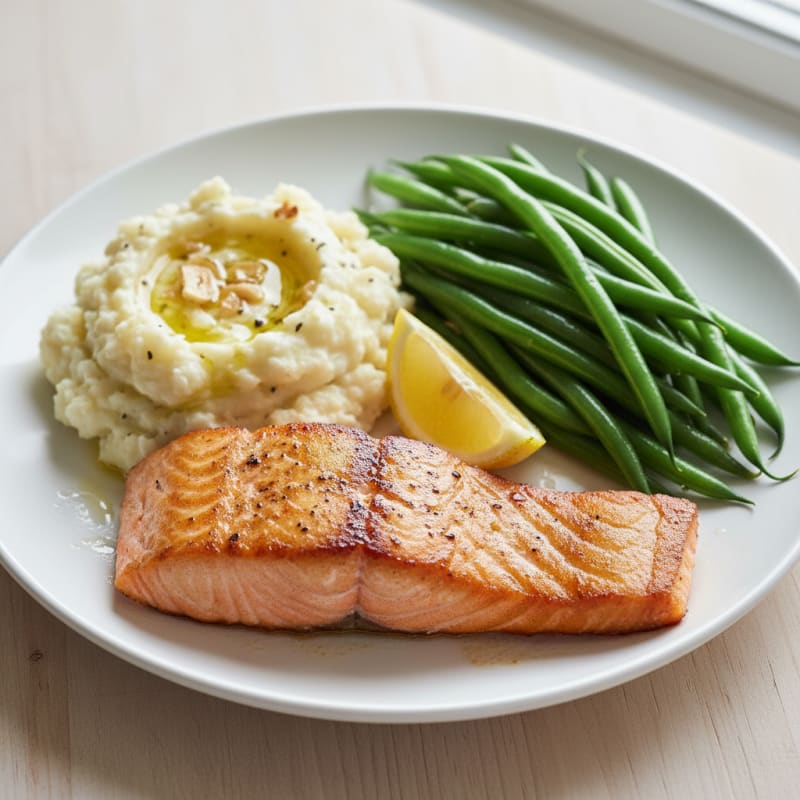 Seared Salmon with Steamed Green Beans and Garlic Mashed Cauliflower