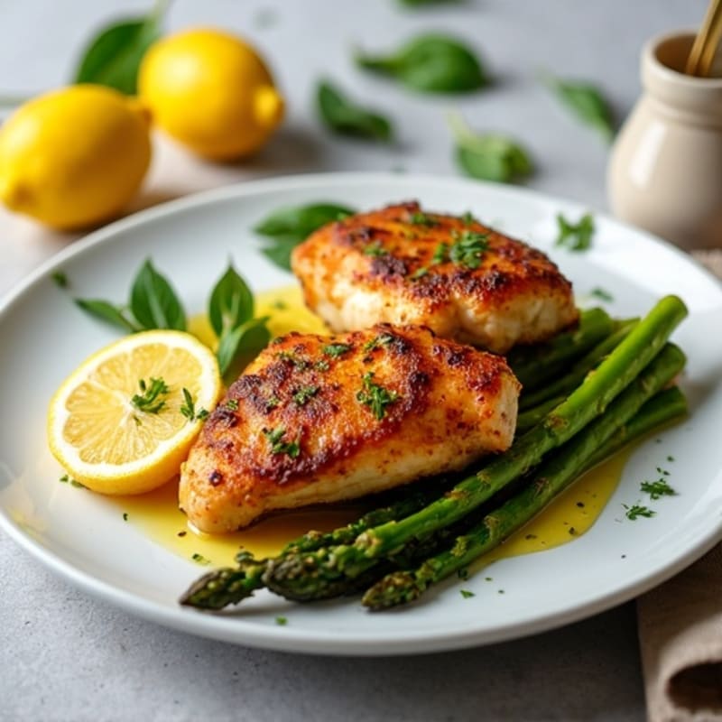 Crispy Lemon Garlic Roasted Chicken Thighs with Asparagus