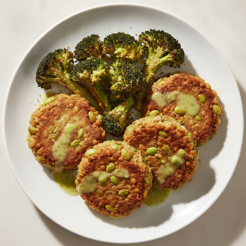 Seared Lentil Cakes with Roasted Broccoli and Edamame