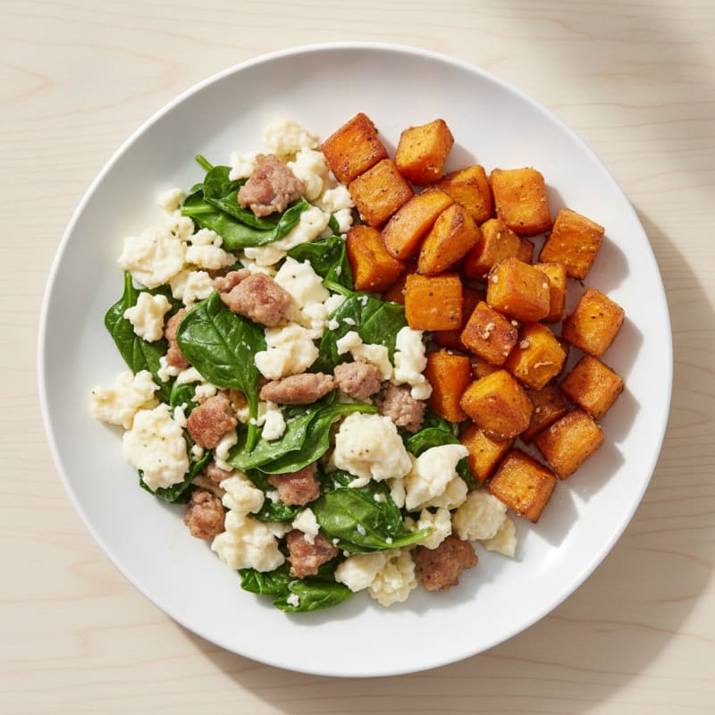 Egg White and Turkey Sausage Scramble with Spinach and Roasted Sweet Potatoes