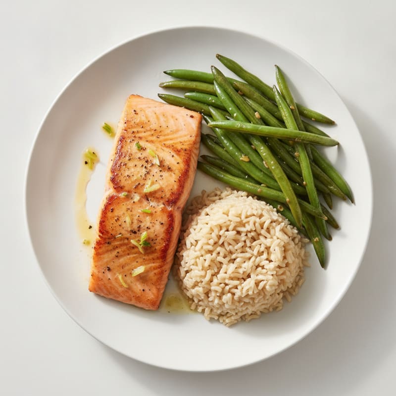 Seared Salmon with Garlic Green Beans and Brown Rice