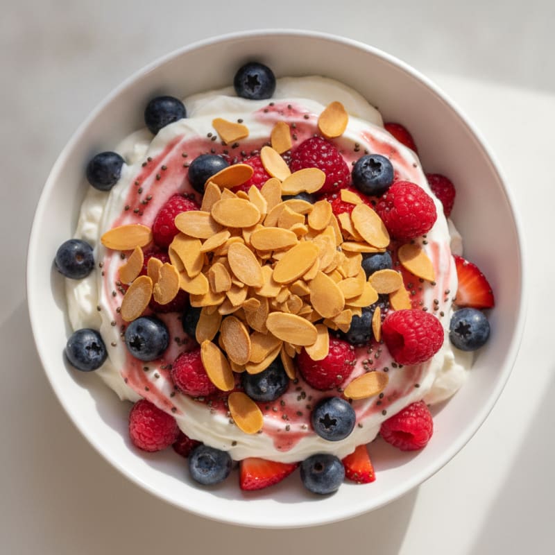 Greek Yogurt Protein Parfait with Mixed Berries and Almonds