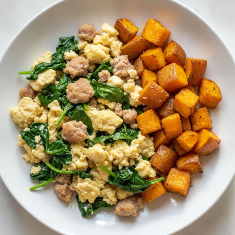 Egg White and Turkey Sausage Scramble with Spinach and Roasted Sweet Potatoes