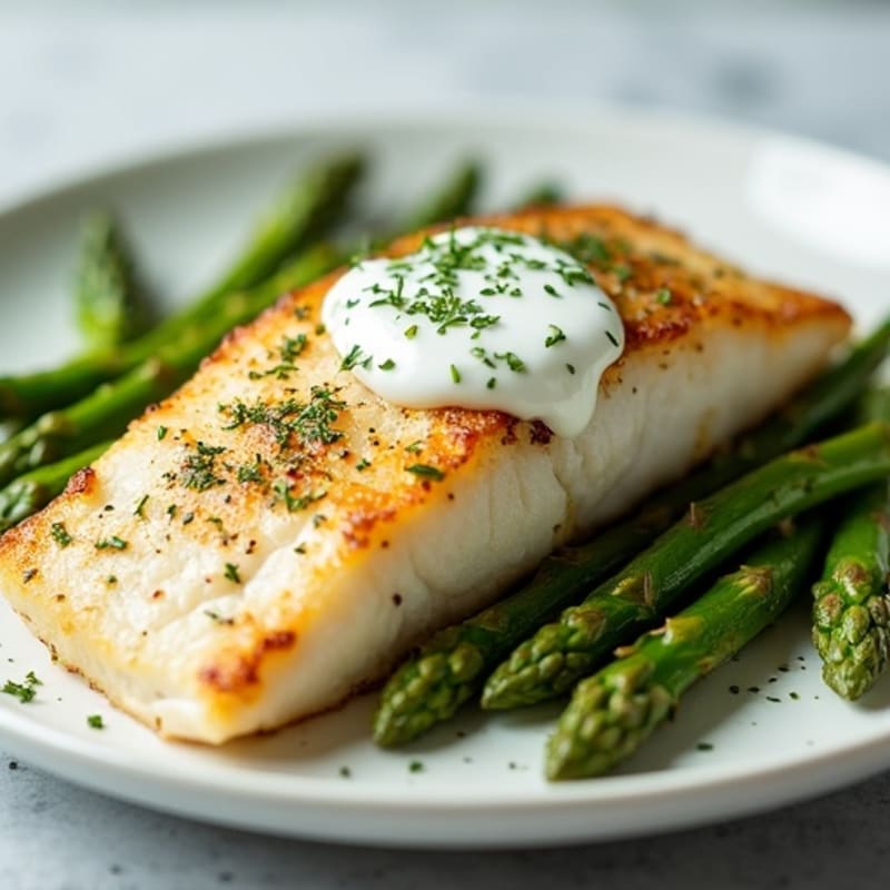 Baked Cod with Roasted Asparagus and Greek Yogurt Dill Sauce