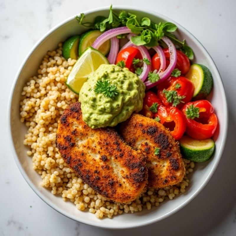 Crispy Chicken Bowl with Roasted Veggies and Creamy Guacamole