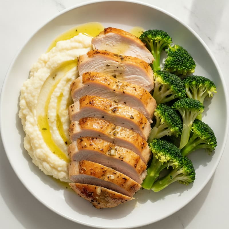Roasted Turkey Breast with Steamed Broccoli and Cauliflower Mash