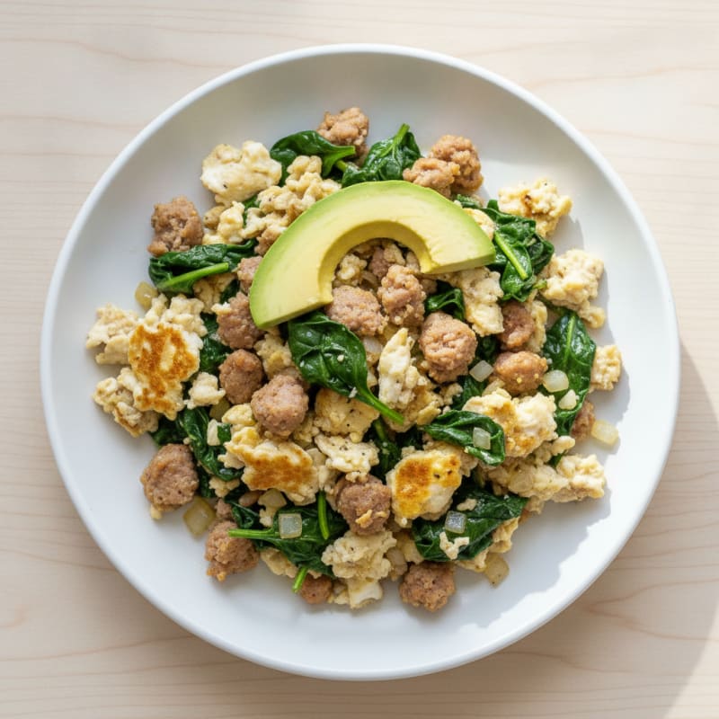Egg White Scramble with Turkey Sausage and Sautéed Spinach
