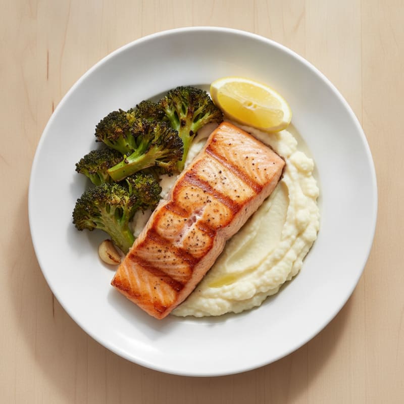 Grilled Salmon with Roasted Broccoli and Cauliflower Mash
