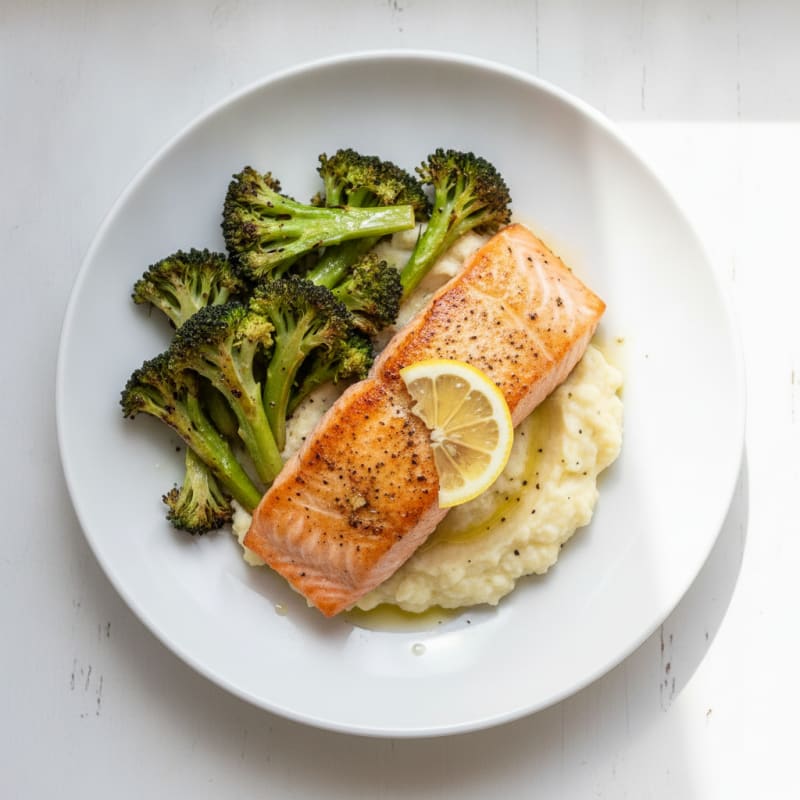 Seared Salmon with Roasted Broccoli and Garlic Mashed Cauliflower