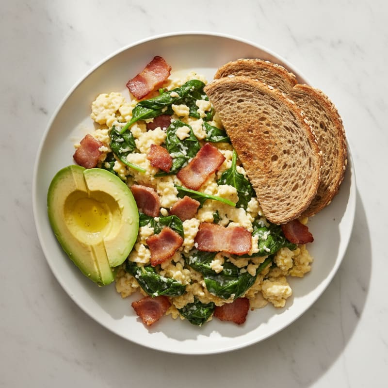 Crispy Turkey Bacon and Egg White Scramble with Baby Spinach