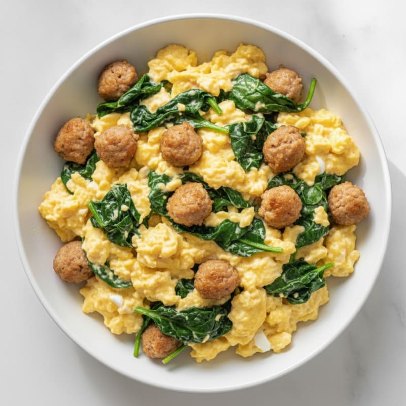Creamy Scrambled Eggs with Turkey Sausage and Sautéed Spinach