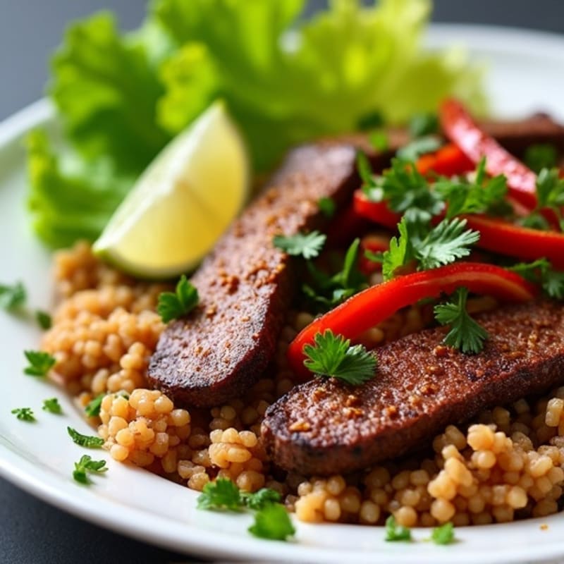 Crispy Seared Beef Strips with Brown Rice and Jalapeno-Capsicum Salsa