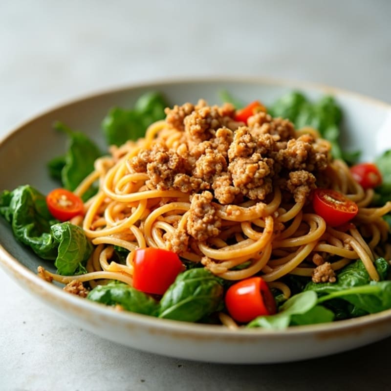 Spicy Peanut Lean Ground Pork with Whole Wheat Noodles and Fresh Greens