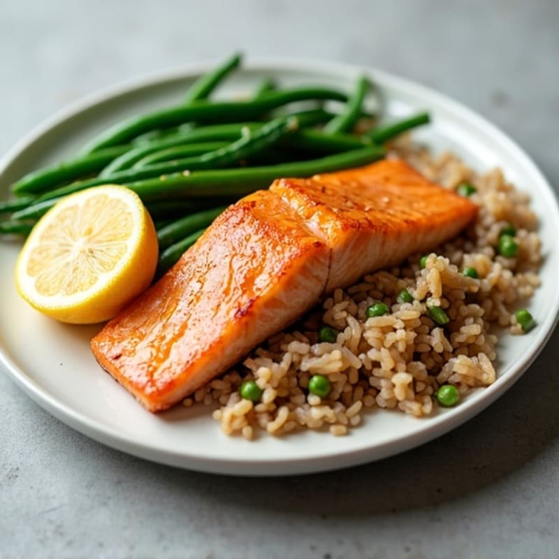 Seared Salmon Fillet with Steamed Green Beans and Brown Rice