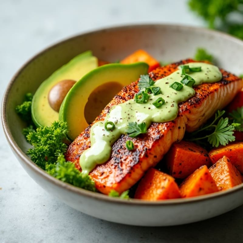 Spicy Blackened Salmon Bowl with Creamy Avocado Dressing and Crispy Roasted Sweet Potatoes