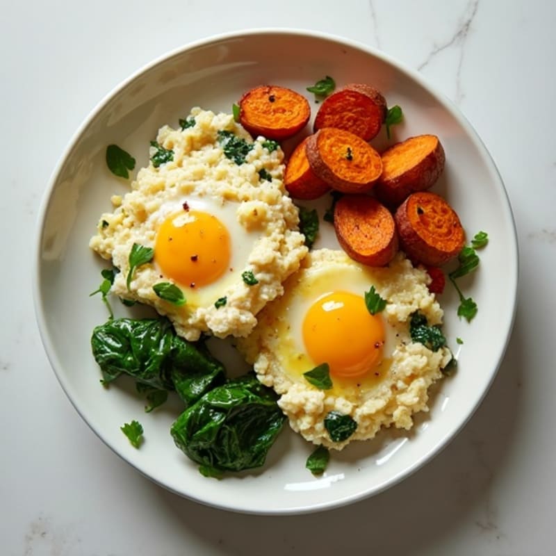Egg White and Turkey Spinach Scramble with Roasted Sweet Potatoes
