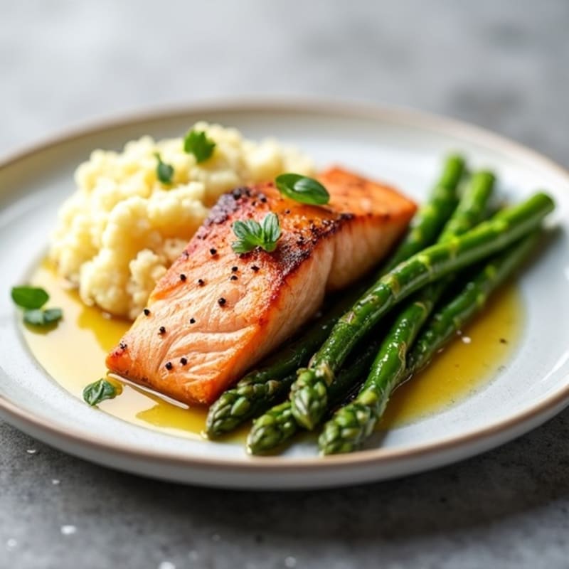 Seared Salmon with Steamed Asparagus and Garlic Mashed Cauliflower