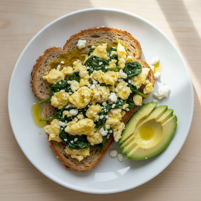Scrambled Eggs with Spinach and Feta on Whole Grain Toast