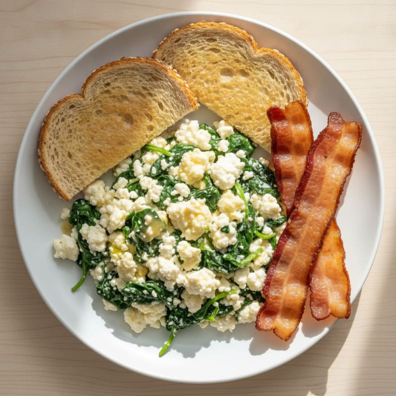 Cottage Cheese and Spinach Egg White Scramble with Turkey Bacon