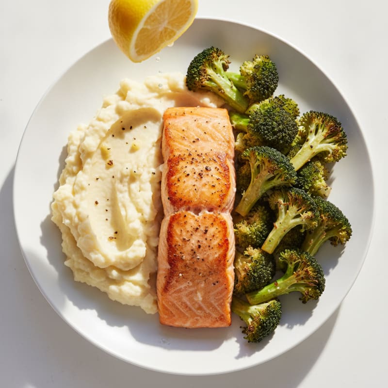 Seared Salmon Fillet with Roasted Broccoli and Garlic Mashed Cauliflower