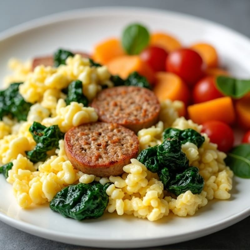 Egg White and Turkey Sausage Scramble with Spinach and Sweet Potato