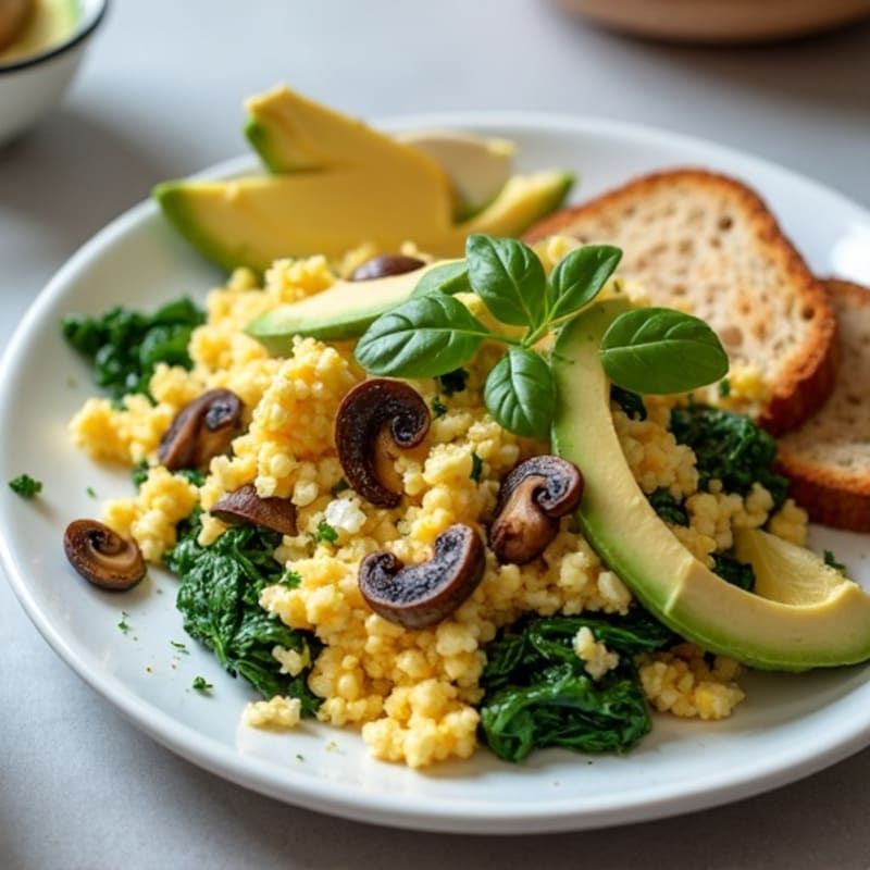 Egg White Spinach Scramble with Cottage Cheese and Sautéed Mushrooms
