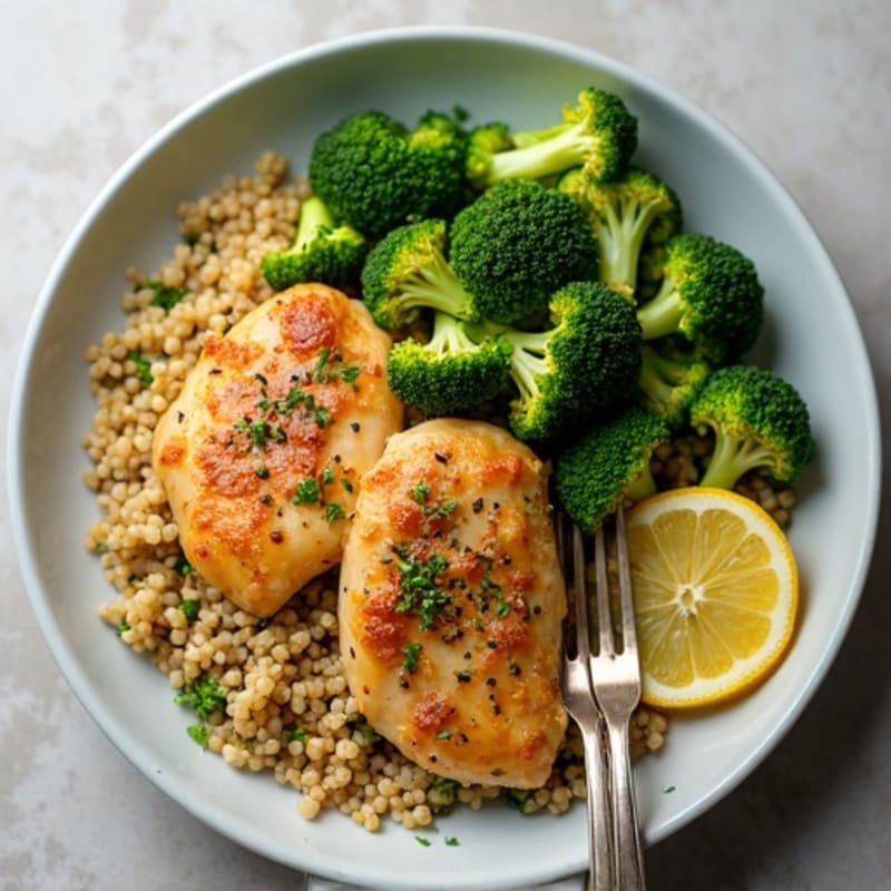 Sheet Pan Lemon Garlic Chicken with Roasted Broccoli and Quinoa Bowl