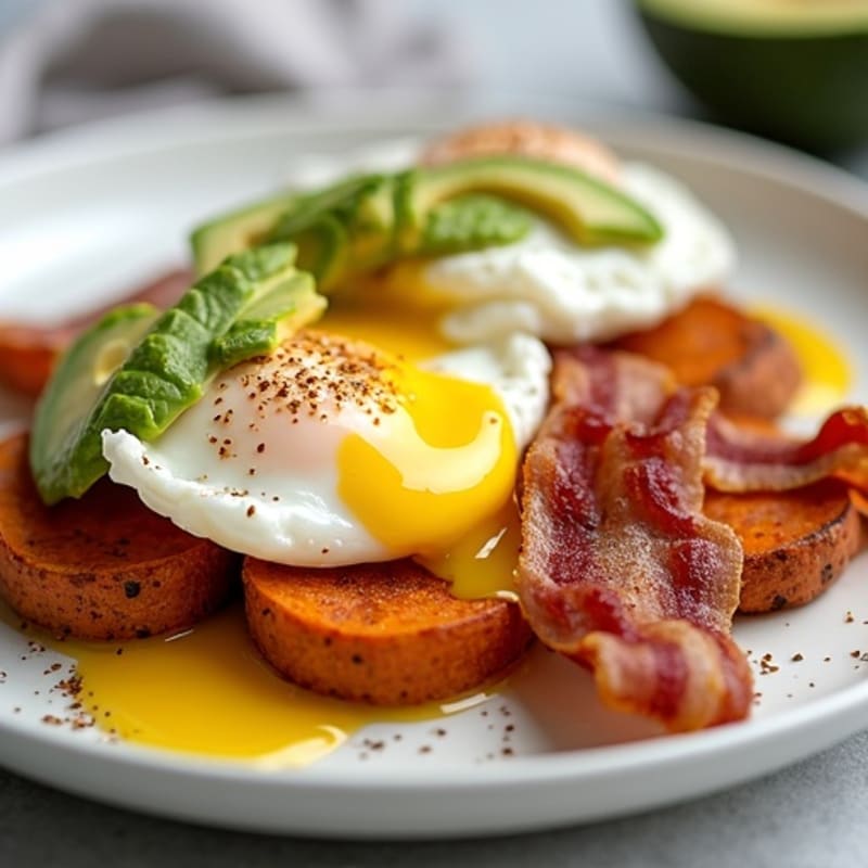 Poached Eggs with Crispy Turkey Bacon, Roasted Sweet Potato Rounds, and Creamy Avocado