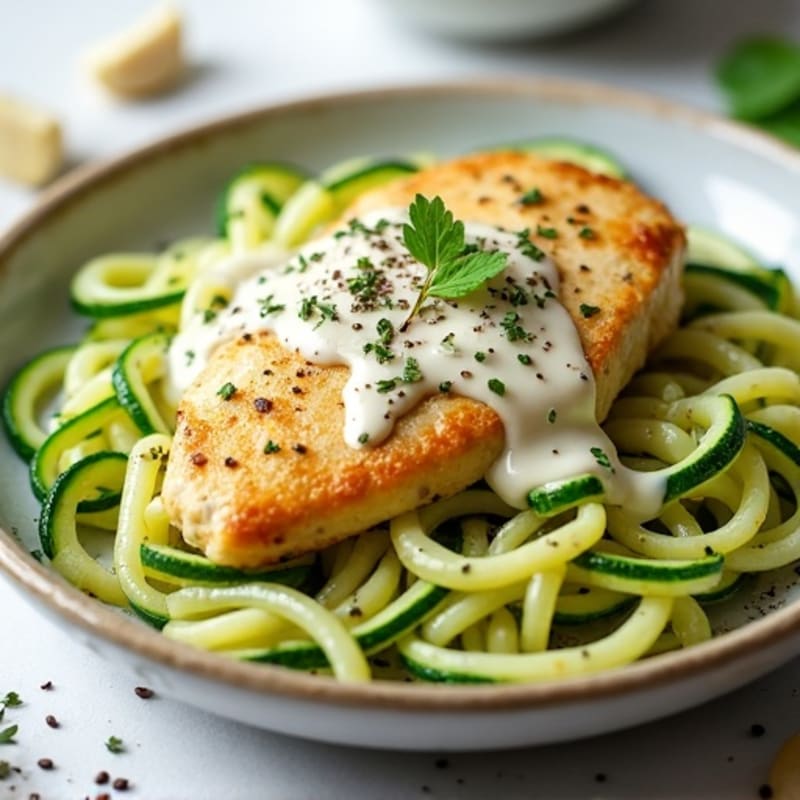 Creamy Cauliflower Alfredo Chicken with Zucchini Noodles