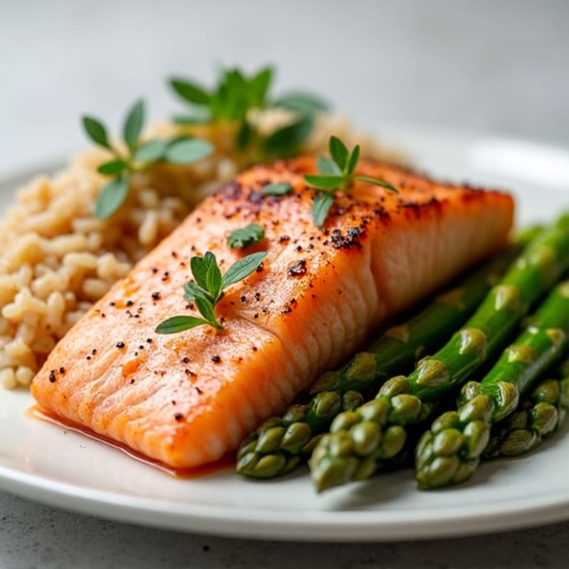 Seared Salmon with Steamed Asparagus and Brown Rice