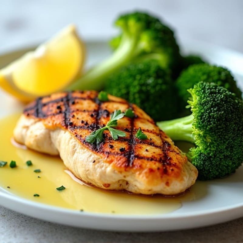 Grilled Chicken Breast with Steamed Broccoli and Lemon