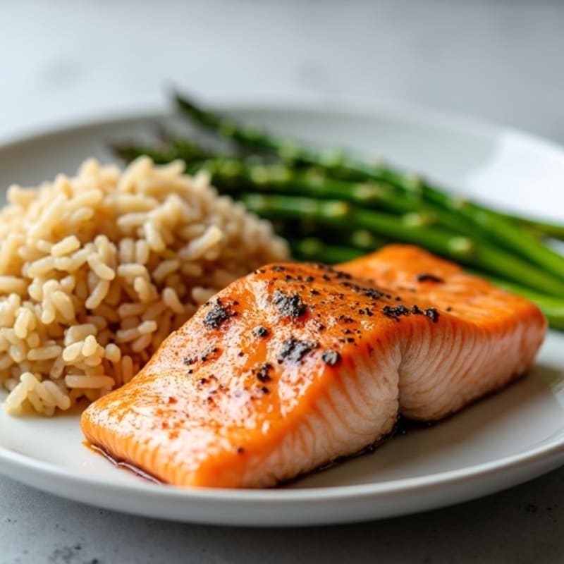 Seared Salmon Fillet with Steamed Asparagus and Brown Rice