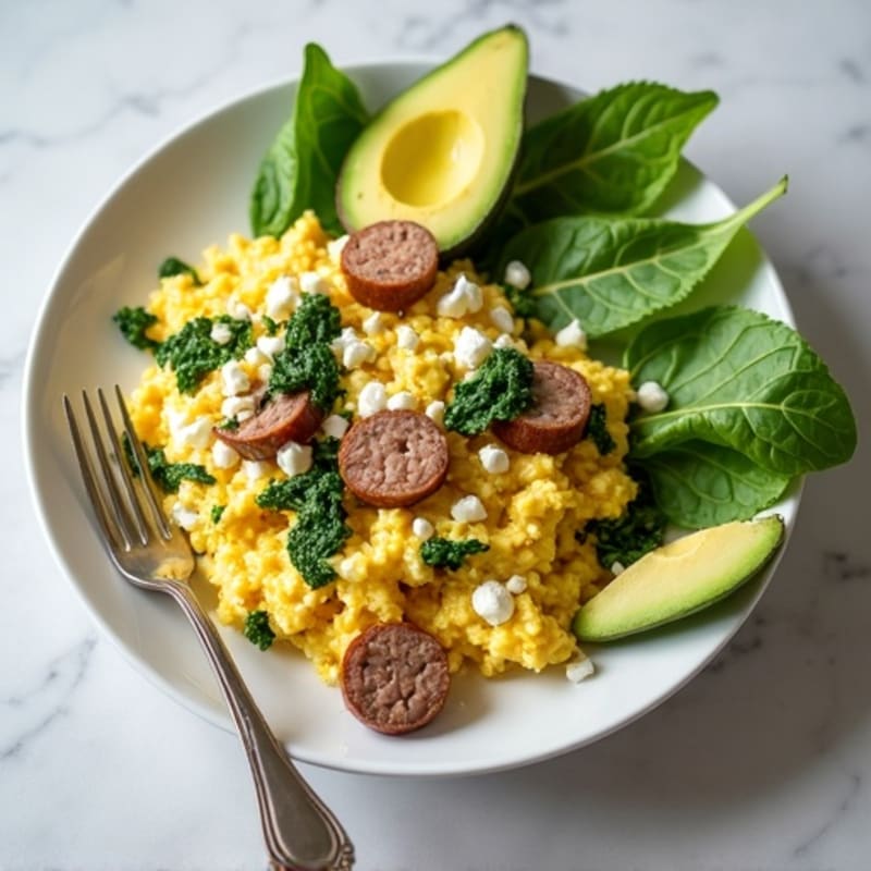 Egg White and Turkey Sausage Scramble with Spinach, Feta, and Avocado
