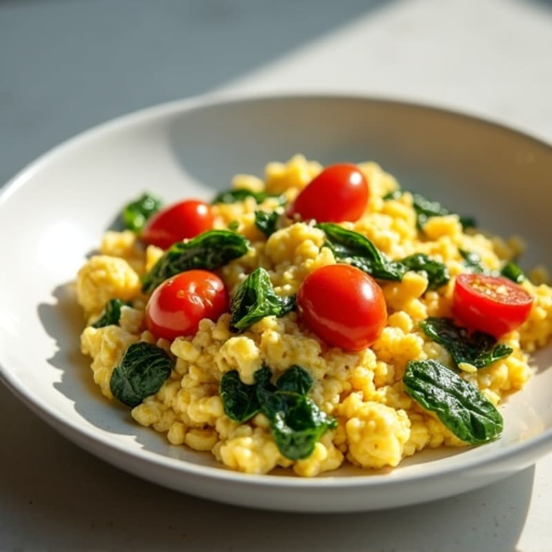 Fluffy Scrambled Eggs with Sautéed Spinach and Cherry Tomatoes