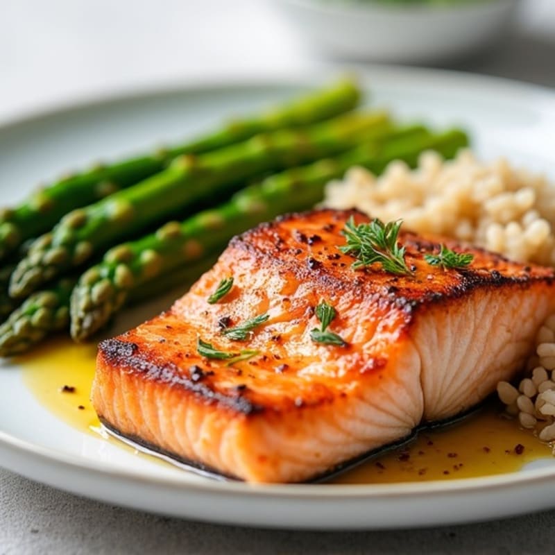 Seared Salmon Fillet with Steamed Asparagus and Brown Rice