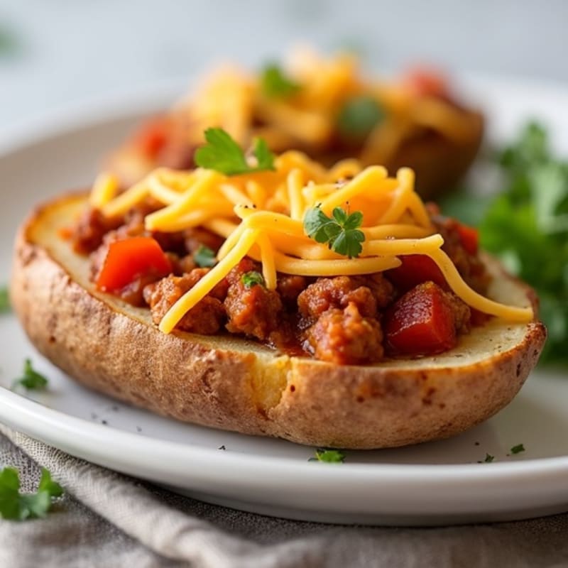 Crispy Baked Potato Skins with Lean Turkey Chili and Sharp Cheddar