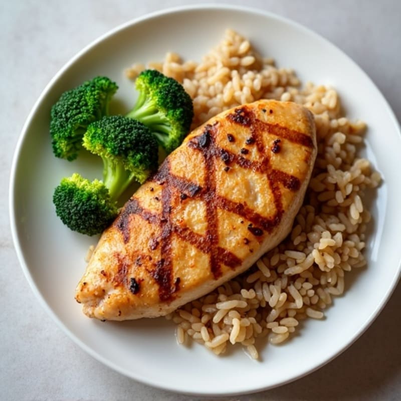 Grilled Chicken Breast with Steamed Broccoli and Brown Rice