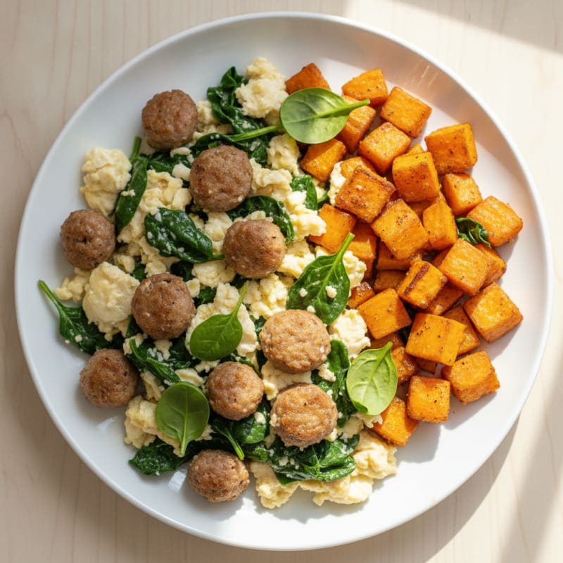 Egg White Scramble with Turkey Sausage and Sautéed Spinach