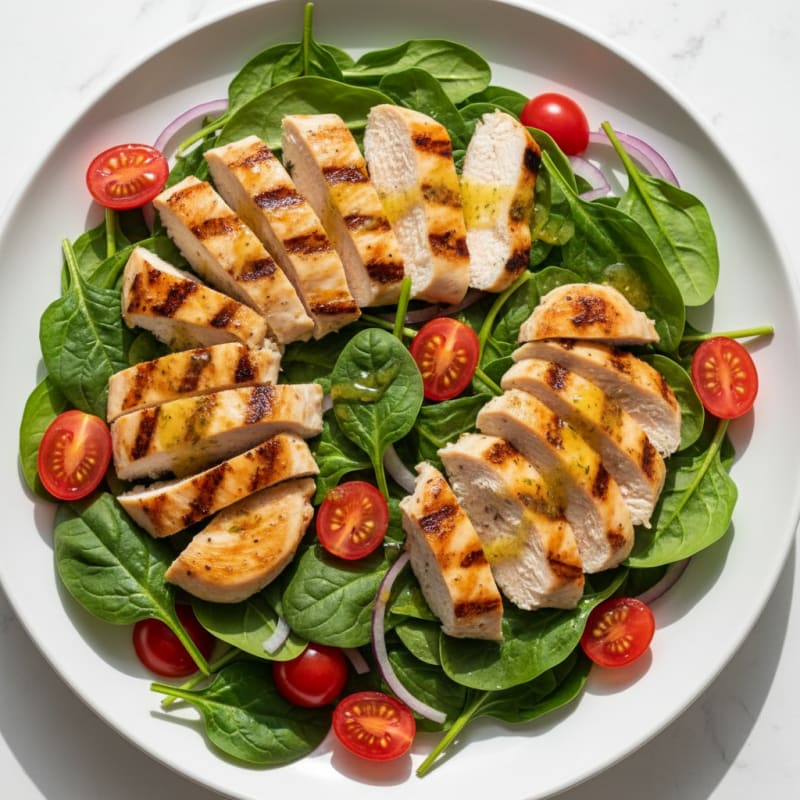 Grilled Chicken Spinach Salad with Cherry Tomatoes