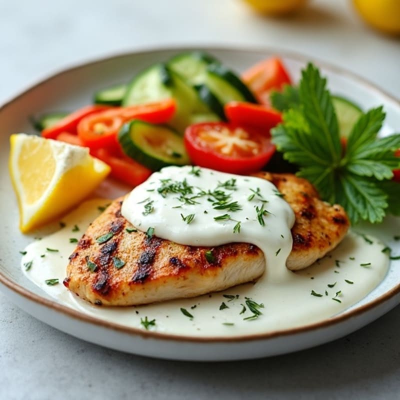 Lemon-Herb Grilled Chicken with Creamy Tzatziki and Crisp Vegetables