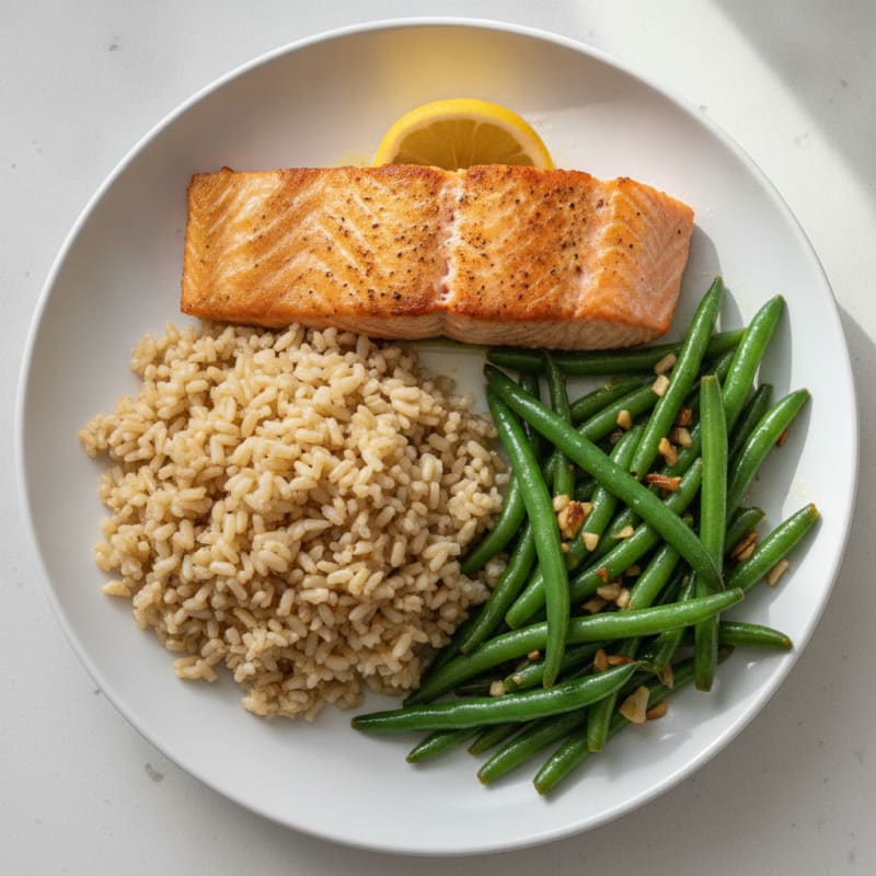 Seared Salmon with Garlic Green Beans and Brown Rice