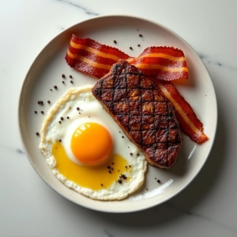 Pan-Seared Steak and Crispy Bacon with Fried Eggs