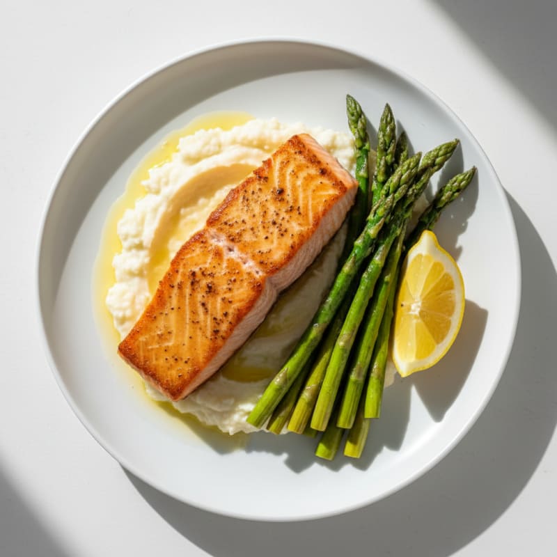 Seared Salmon with Roasted Asparagus and Cauliflower Mash