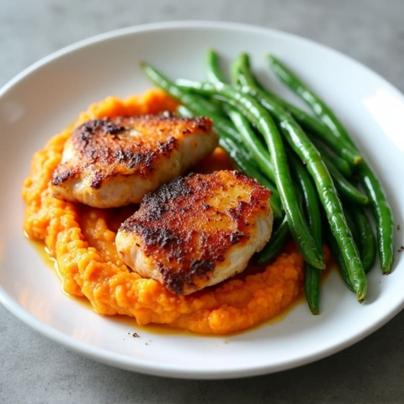 Crispy Pan-Seared Chicken Thighs with Creamy Sweet Potato Mash and Garlicky Green Beans