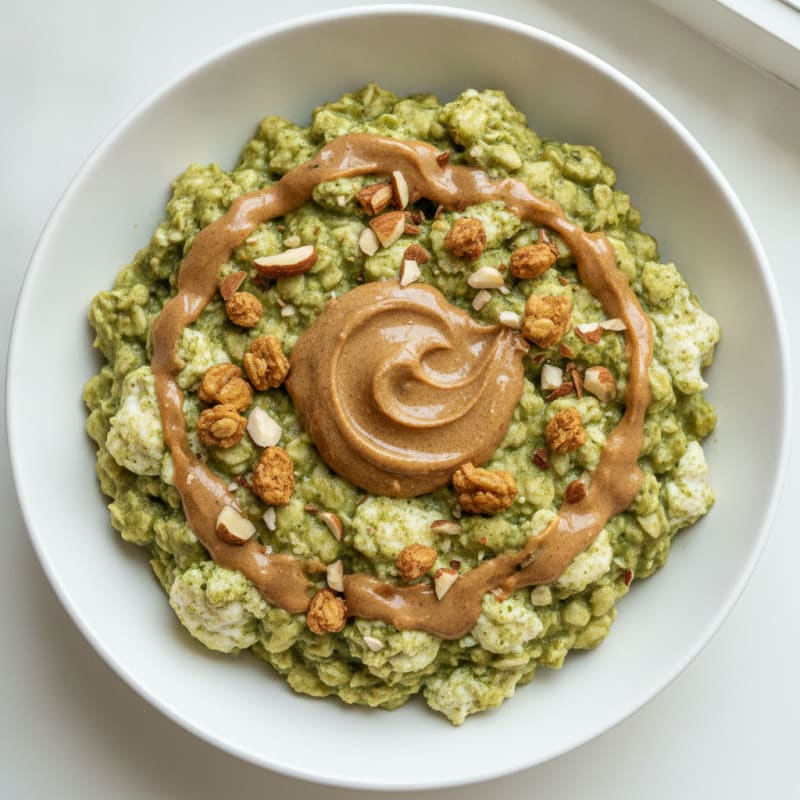 Creamy Matcha Protein Oats with Almond Butter and Egg Whites