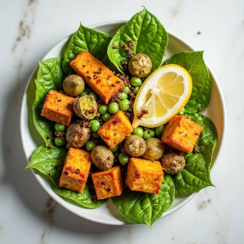 Crispy Tofu and Edamame Salad with Lemon Tahini Dressing