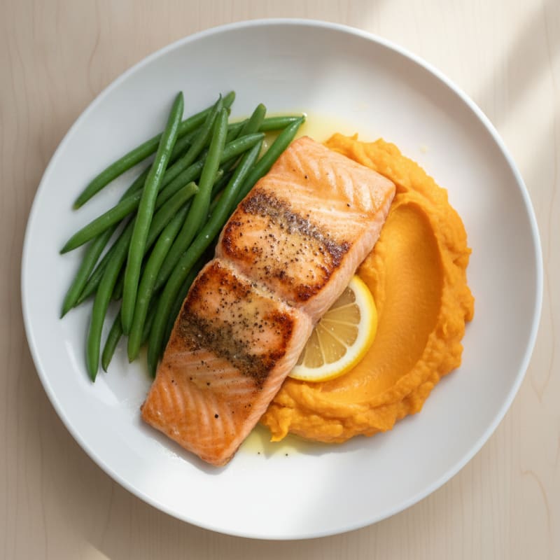 Seared Salmon Fillet with Steamed Green Beans and Sweet Potato Mash