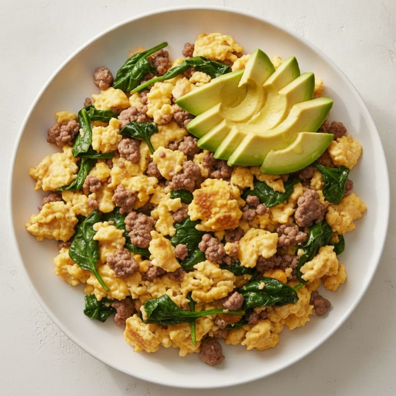 Scrambled Eggs with Ground Beef and Spinach