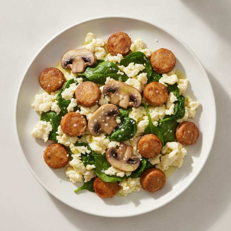 Egg White and Turkey Sausage Scramble with Spinach and Sautéed Mushrooms
